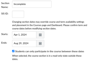 section date settings: Starts, Ends, participate between dates.