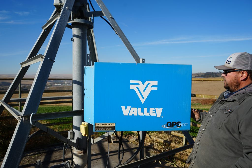 Valley Irrigation control panel installed on irrigation equipment at Blue Mountain Community College’s agricultural farm, showcasing technology used in hands-on student learning.
